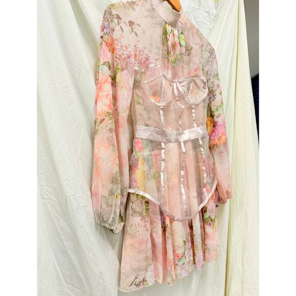 Missord Avante Garde Maximalist Sheer Floral High Neck Bishop Sleeve Mini Dress - Picture 6 of 7
